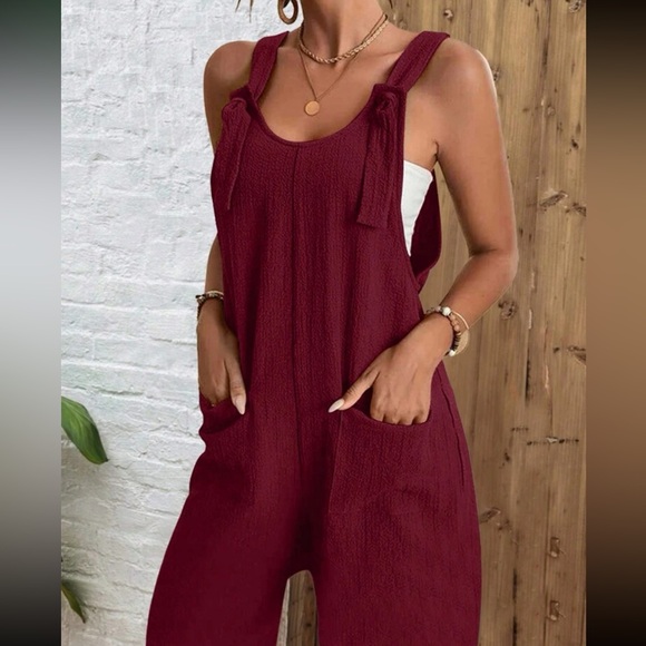Boho red cami jumpsuit with pockets - Picture 15 of 15